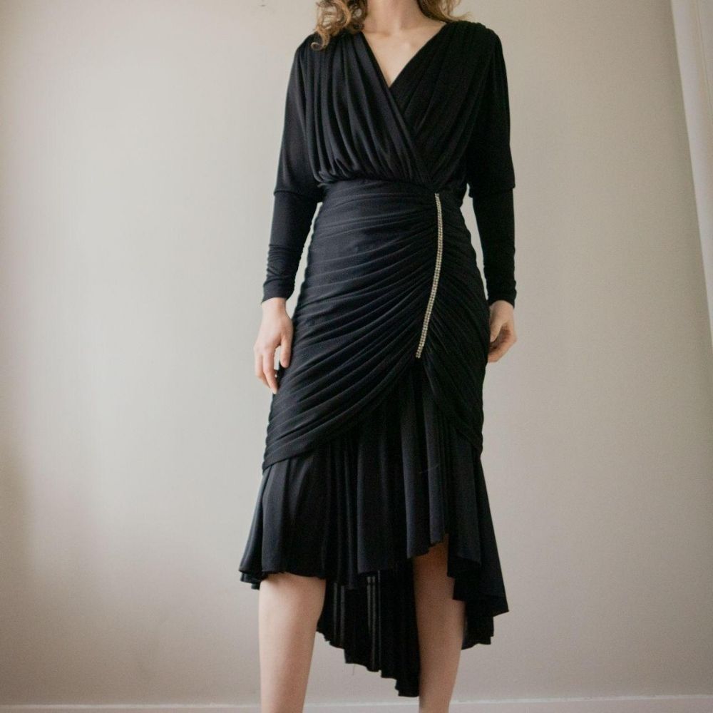 Vintage Black 80s Cocktail Evening Draped Women's Dress with Rhinestone details - Picture 3 of 8